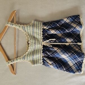 VINTAGE FREE PEOPLE Babydoll Plaid Knit Tank XS Blue Ivory Boho Top Cottagecore